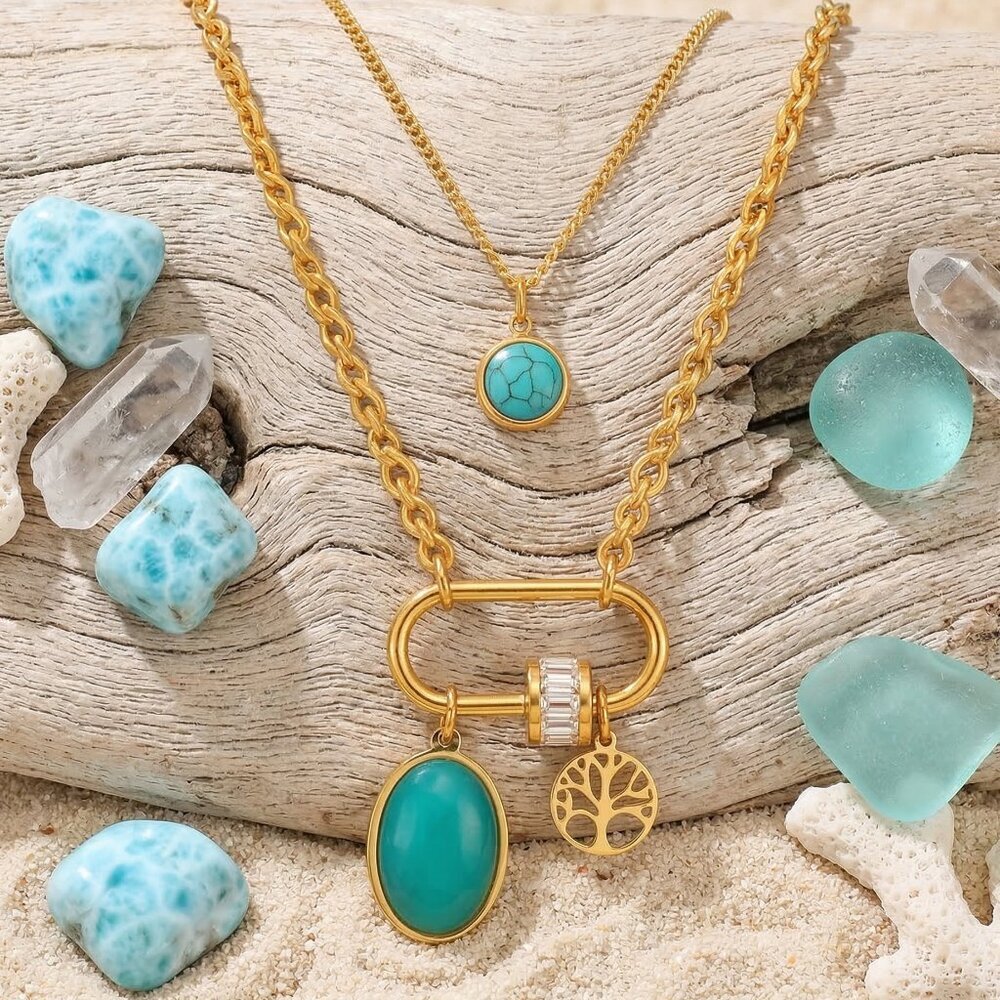 18K Gold Plated Layered Turquoise Crystal Tree Of Life Necklace Boho Chic Gift - Picture 10 of 17